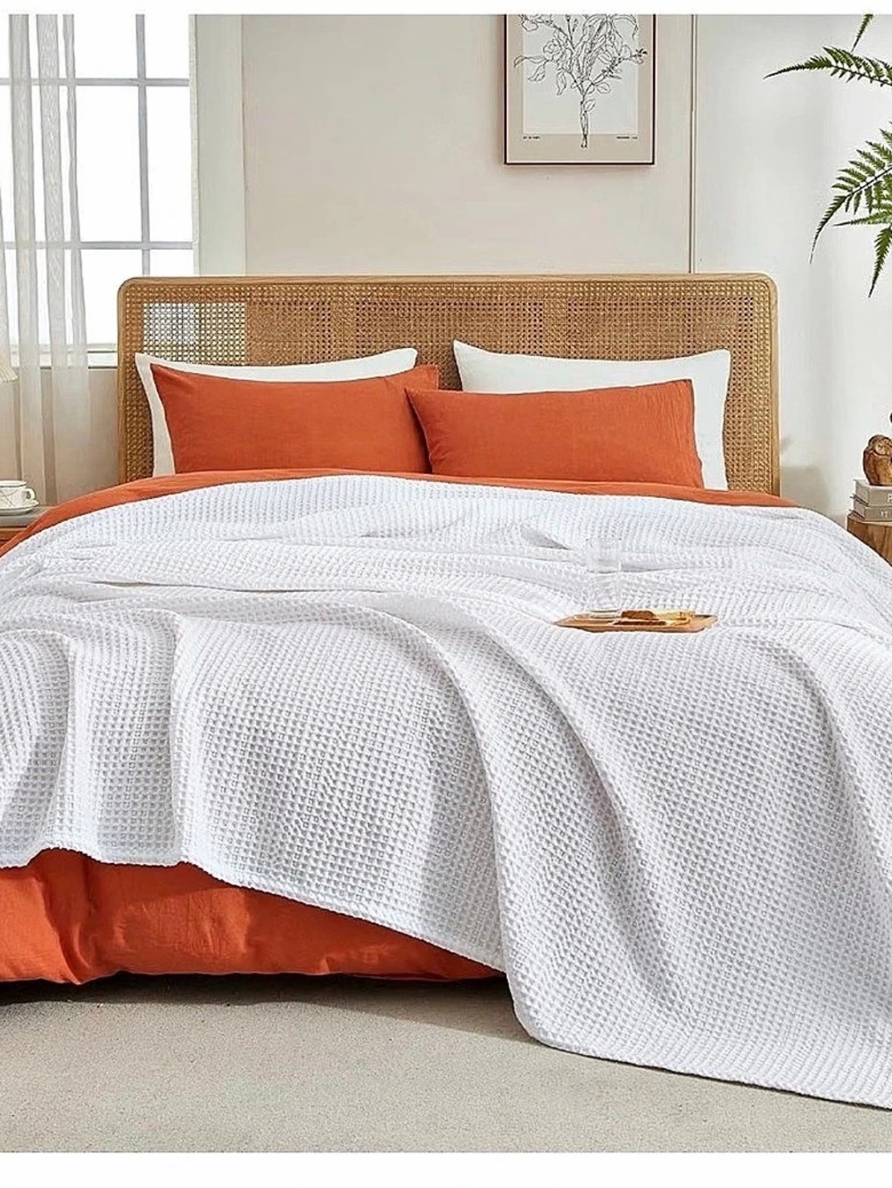 Waffle Knit Blanket White 90 x 90 in Like New
